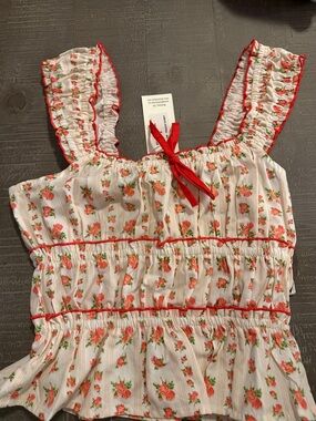 Smocked White Tank Top with Red Floral Print and Ruffle Straps